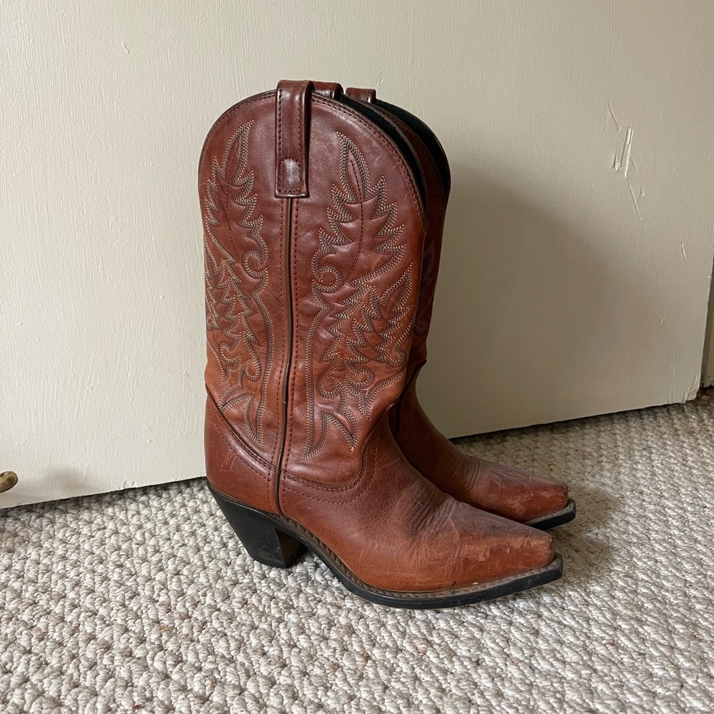 Laredo Brown Embroidered Leather Western Heeled Boots